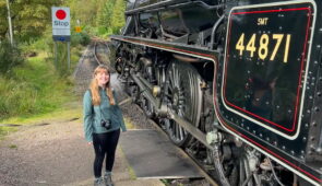 Melanie from the Absolute Escapes team with Jacobite Steam Train at Glenfinnan