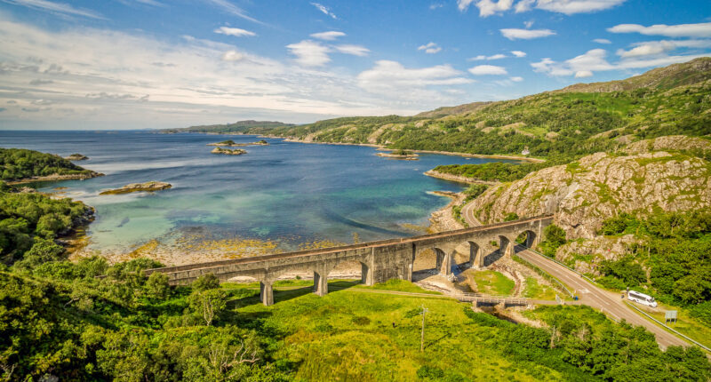 The West Highland Line passing by Loch Nan Uamh