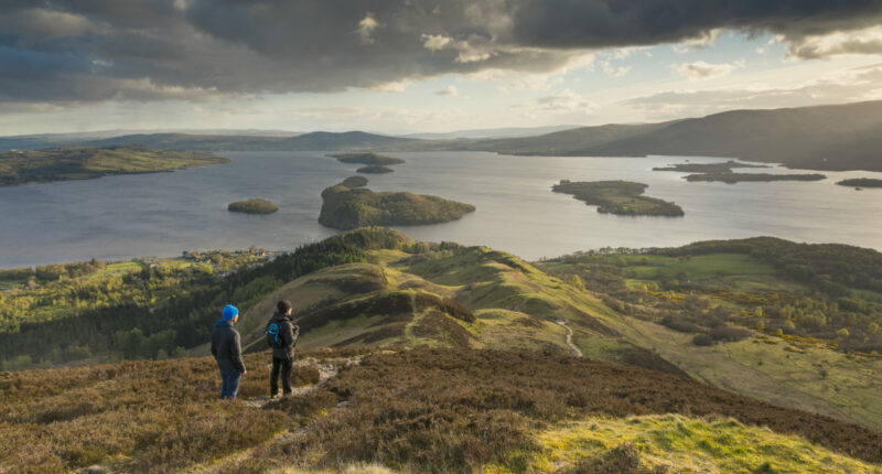 Walkers taking in the view of Loch Lomond from Conic Hill
