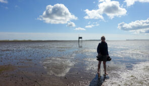 Our client walking across the Pilgrim's Path to Holy Island at low tide (credit - Mari Leijo)