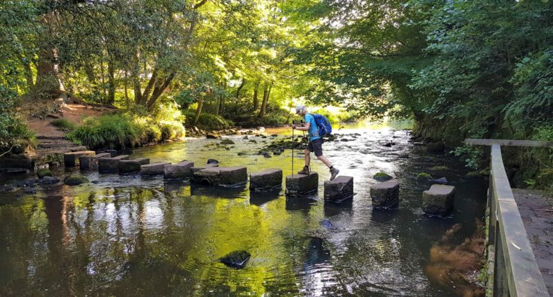 Walking across the stepping stones at Egton Bridge