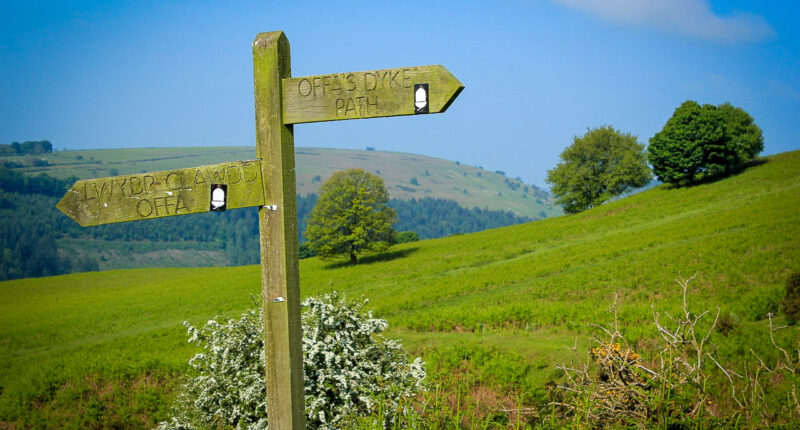 Waymarker and scenery on Offa's Dyke Path