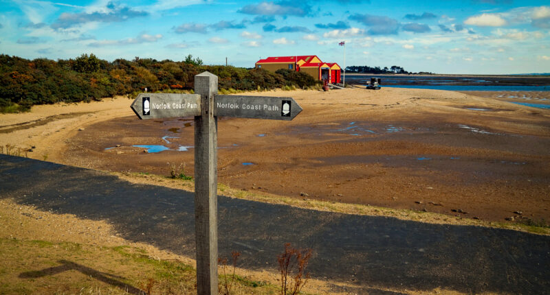 Norfolk Coast Path waymarker with National Trails acorn symbol