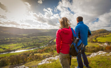 Walkers on Offa's Dyke Path overlooking Vale of Llangollen