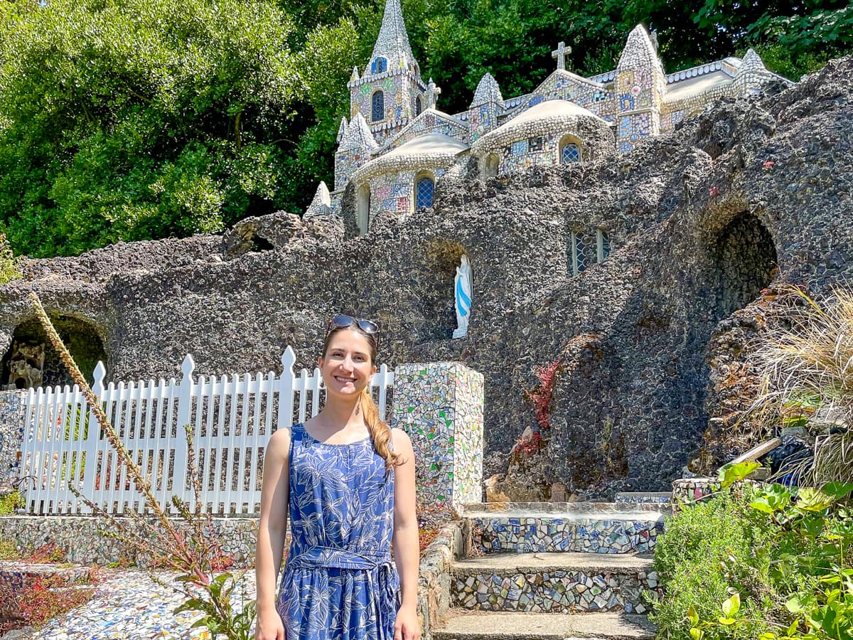 Katia from the Absolute Escapes team exploring The Little Chapel in the Les Vauxbelets valley