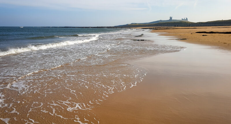 Looking across beach to Dunstanburgh Castle