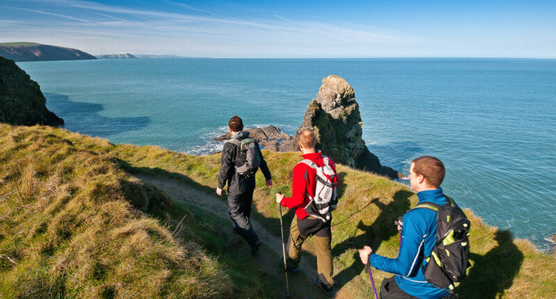 Three walkers on Pembrokeshire Wales Coast Path