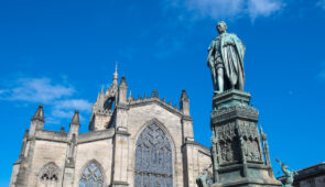 St Giles' Cathedral and Adam Smith statue on the Royal Mile, Edinburgh