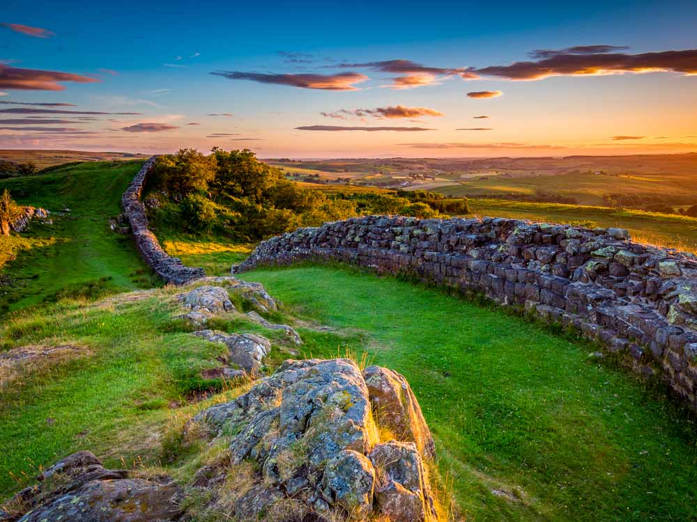 Hadrian's Wall near sunset at Walltown