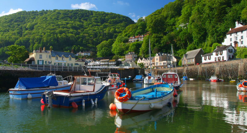 Fishing boats moored in the harbour of Lynmouth, Devon