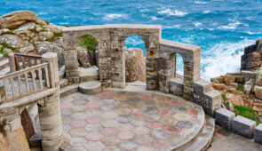 High angle view of the stage at the Minack Theatre, Porthcurno, Cornwall