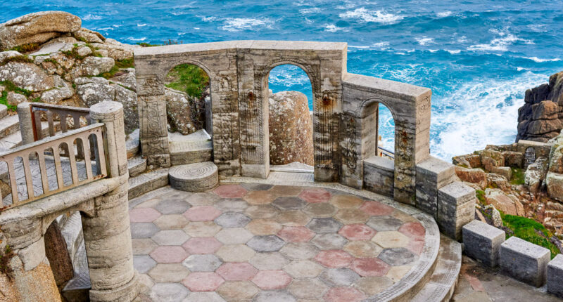 High angle view of the stage at the Minack Theatre, Porthcurno, Cornwall