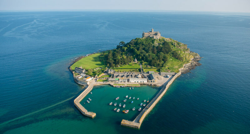 St Michael's Mount, a historic fortified building on a rocky outcrop in Marazion bay, off the coast of Cornwall