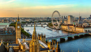 View of the Houses of Parliament, the River Thames, Westminster and Westminster Bridge in London