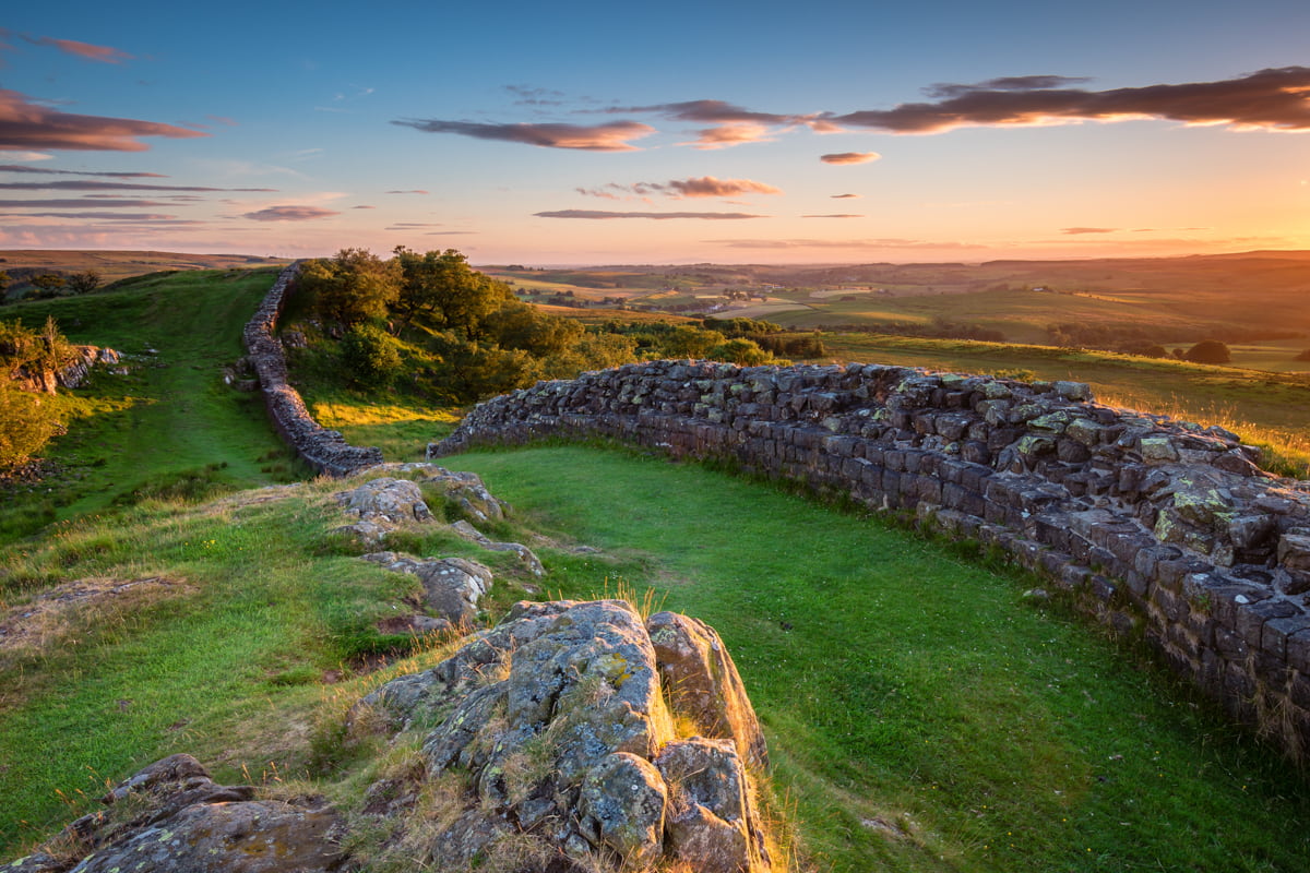 Hadrian's Wall near sunset at Walltown