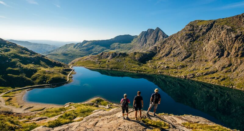 Walkers near summit of Snowdon, Snowdonia National Park