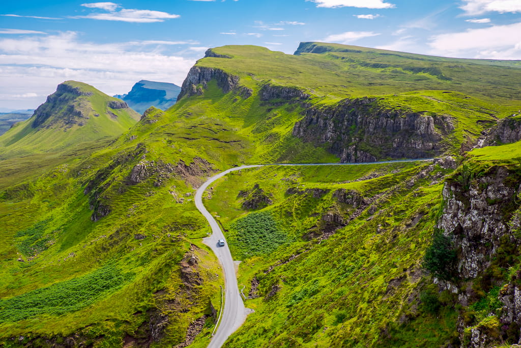 A scenic steep road to Quiraing Pass on the Isle of Skye