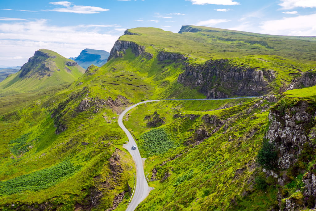 A scenic steep road to Quiraing Pass on the Isle of Skye