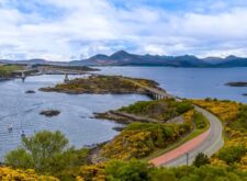 A view above the road and bridge joining the island of Skye to the mainland of Scotland on a summers day