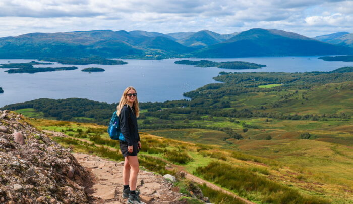 Rewarding views await those who climb Conic Hill, overlooking the islands of Loch Lomond – a memorable stop on our West Highland Way hiking tours