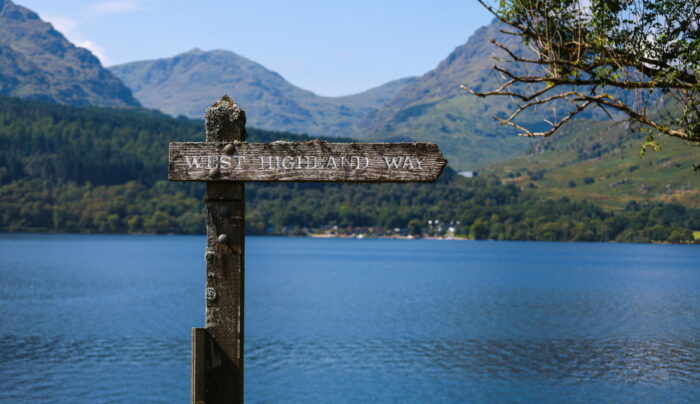 Waymarker by Loch Lomond. The West Highland Way is well signposted from start to finish