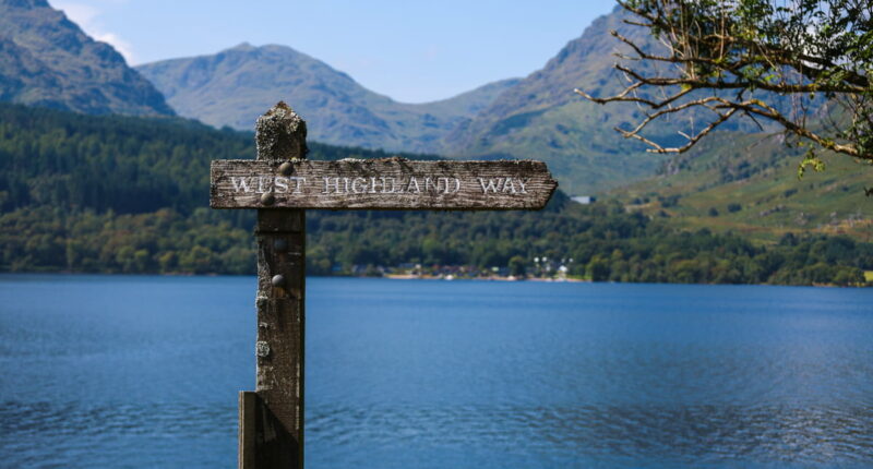 Waymarker by Loch Lomond. The West Highland Way is well signposted from start to finish