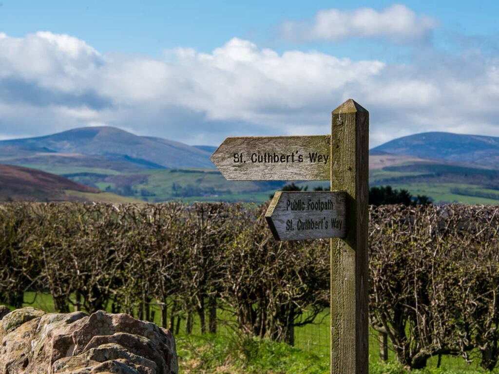 St Cuthbert's Way trail waymarker showing the route through beautiful Border countryside