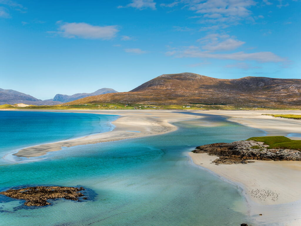 Breathtaking scenic drive destination at Luskentyre Beach, Isle of Harris, Scotland - featuring turquoise waters and white sand beaches accessible via Scotland road trip itineraries