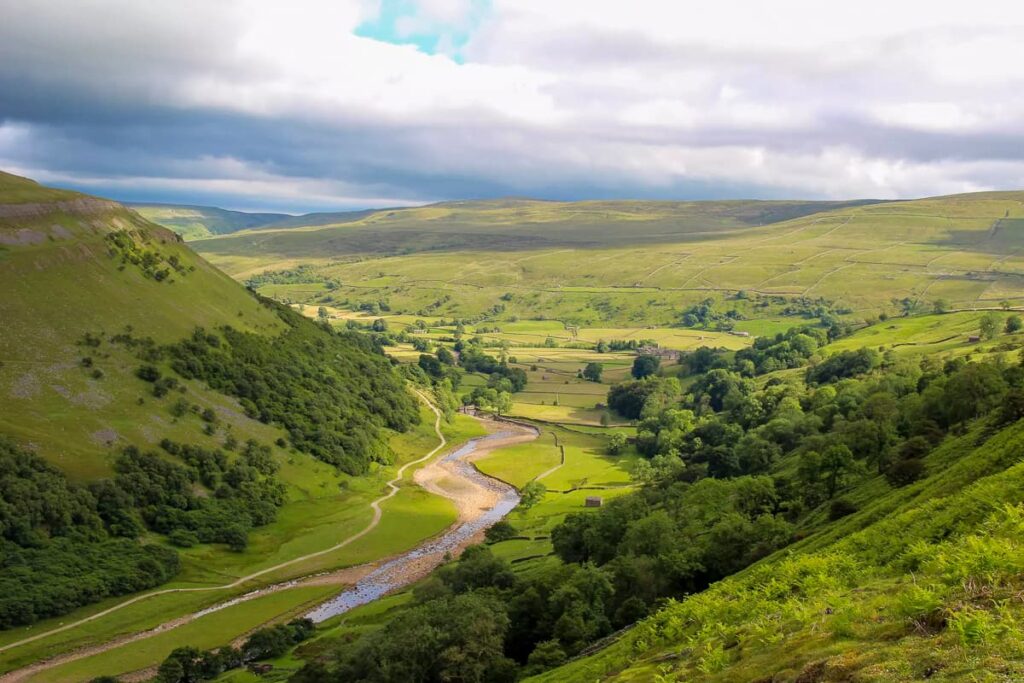 Panoramic view of the Pennine Way across Northern England countryside