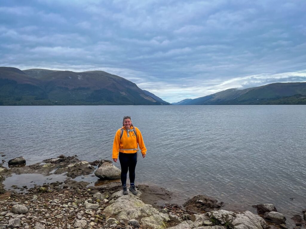 Rachel from Absolute Escapes enjoying Loch Lochy views when hiking the Great Glen Way between Gairlochy and South Laggan