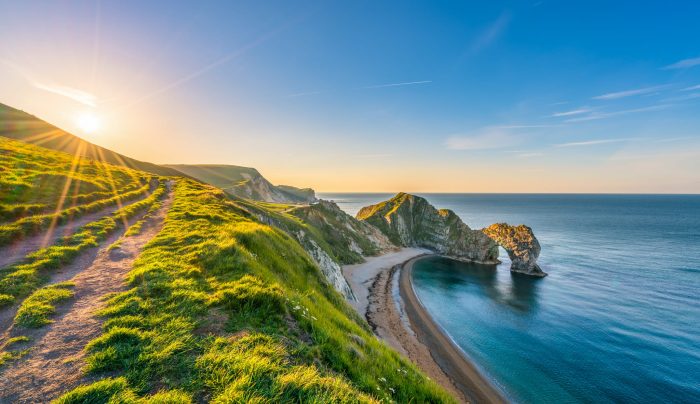Durdle Door at sunrise in Dorset, Jurassic Coast