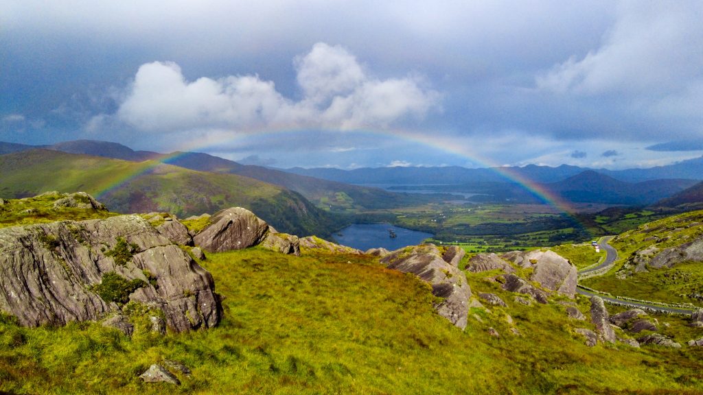 Rainbow over Healy Pass in Ireland during autumn, highlighting one of the best times to visit Ireland for scenic drives and varied weather