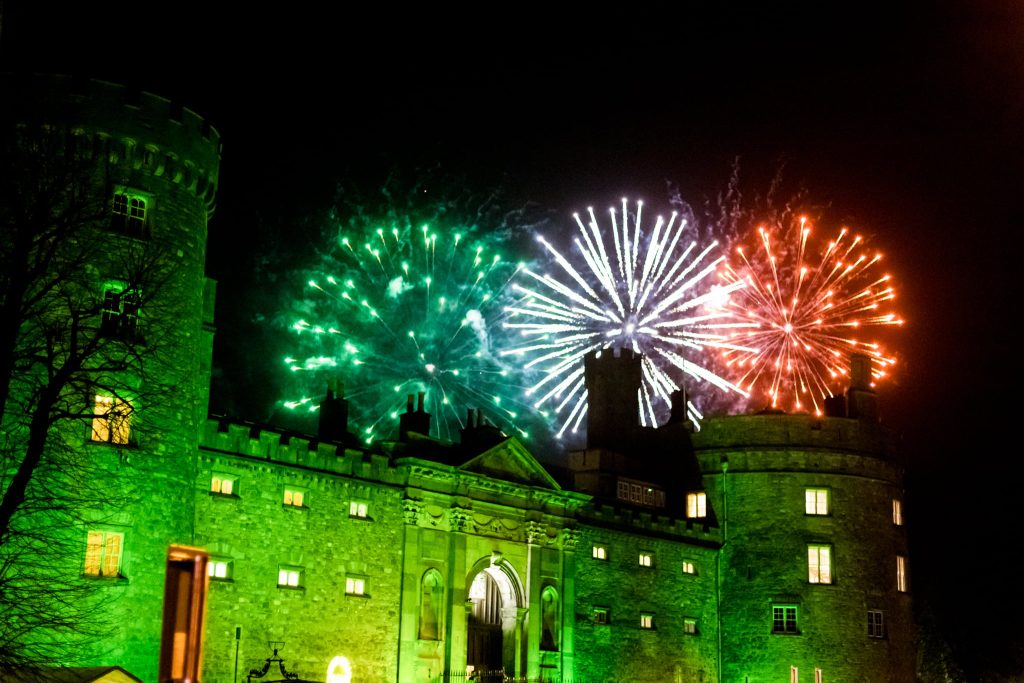 St Patrick’s Festival fireworks over Kilkenny Castle, Ireland, celebrating Irish culture during one of the best times to travel in Ireland